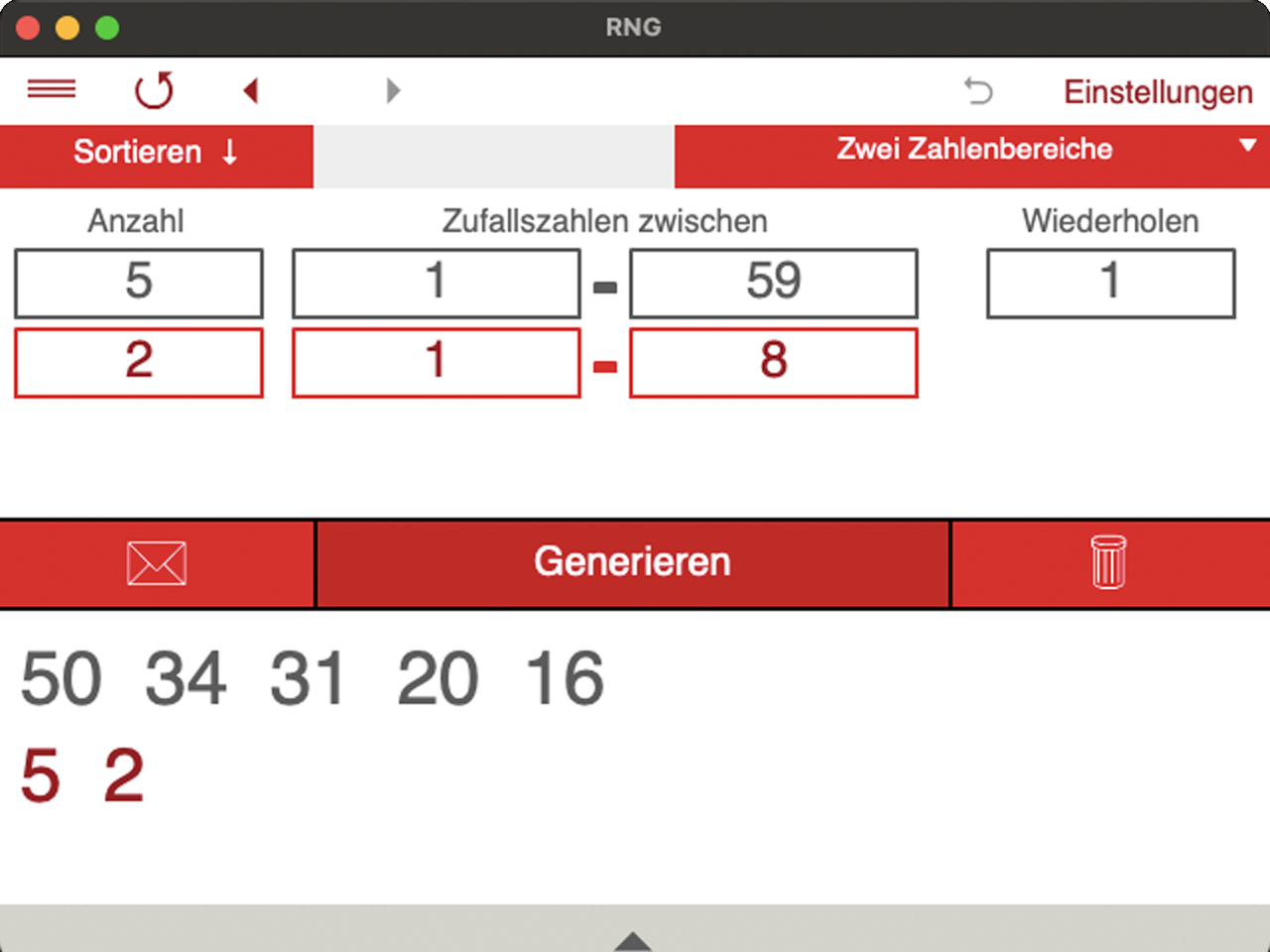 Zufallszahlen in einem oder zwei unabhängigen Bereichen.